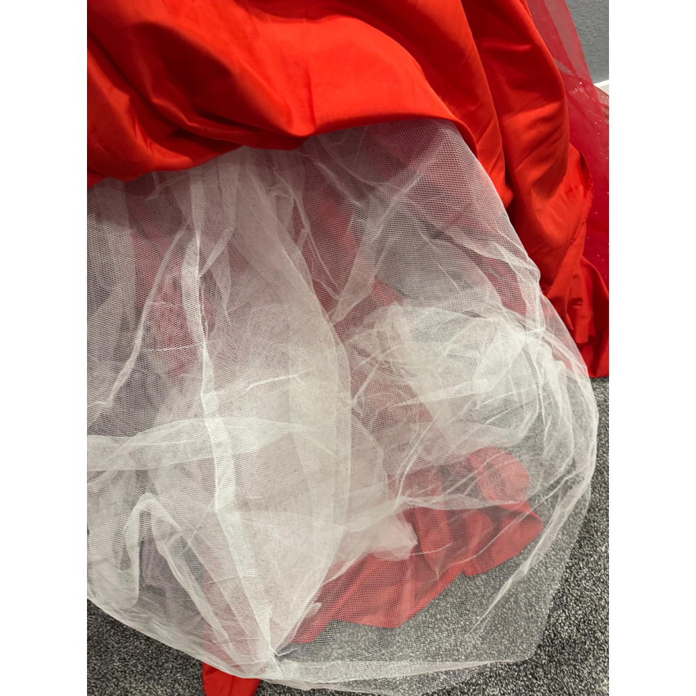 Chicas Red & Gold Ball Gown Dress | Size Large | Off-Shoulder Glitter Tulle - Picture 4 of 16